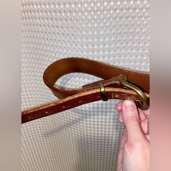 Women’s PIERO brown with hand painted carved Ethnic patterns leather belt Sz 32 - Picture 12 of 15